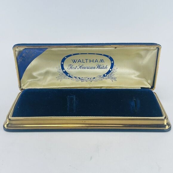 Waltham Blue Velvet Gold Tone Trim Watch Box VTG Presentation Case - Picture 1 of 16